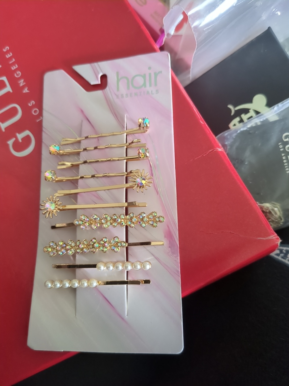Essentials Gold Crystal and Pearl Bobby Pin Set - Gold